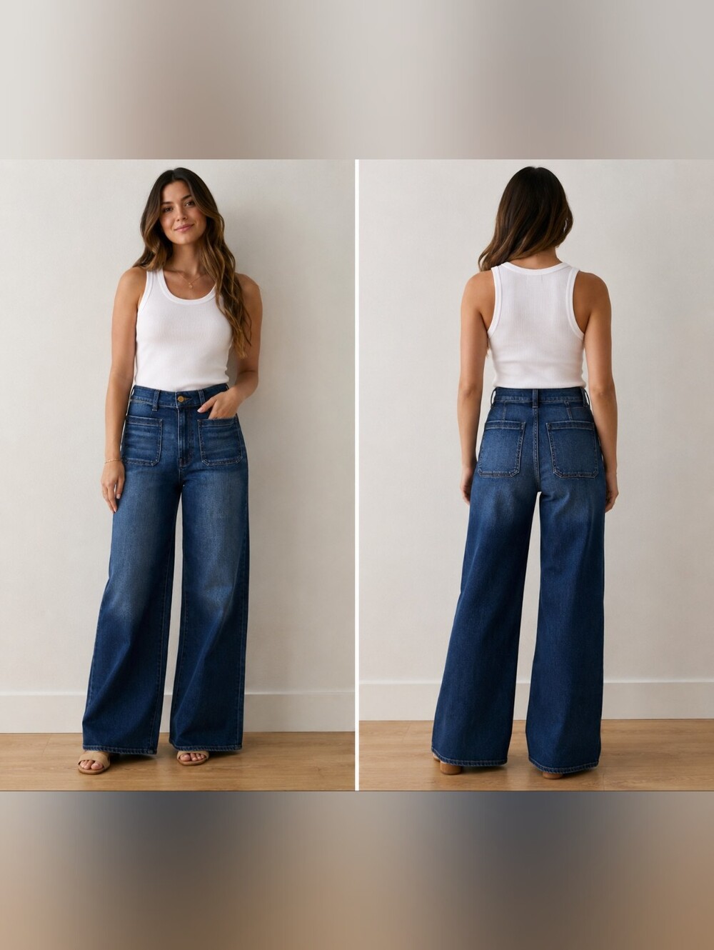 Madewell The Wide-Leg Jean Size 25 High Rise Stretch Blue Denim Jeans Patch Pock
